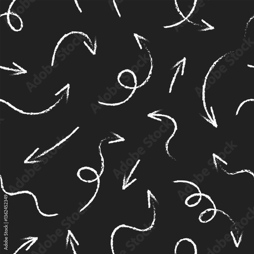 Abstract seamless pattern with various doodle arrows in chalk or crayon style. Hand drawn arrow on black background. Simple squiggly wallpaper design. School chalkboard theme. Vector illustration.
