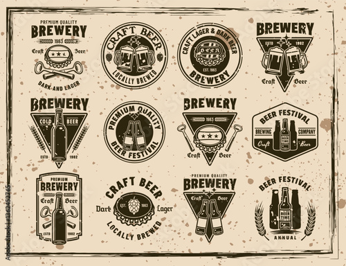 Beer and brewery set of vector emblems, labels, badges in vintage grunge textured style