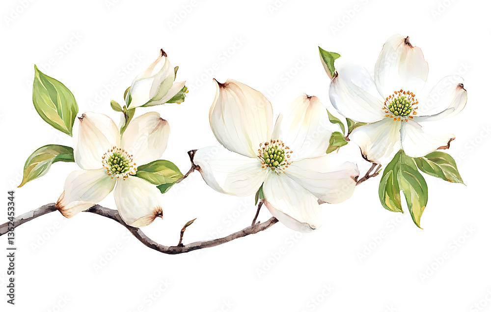Fototapeta premium Spring flowers, botanical illustration, Easter, flowering dogwood, detailed branch. 