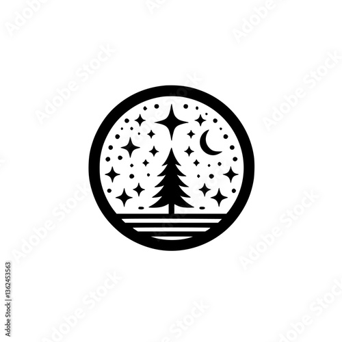 A stylized black and white circular illustration depicts a serene night scene featuring a fir tree, a crescent moon, stars, and a horizon line, creating a wintery or festive mood.