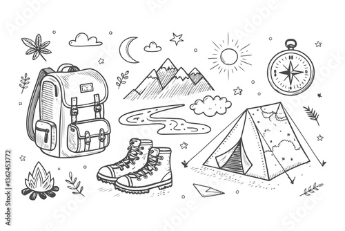 Hand-Drawn Doodle Set of Adventure Travel Icons: Playful Sketches of Mountain, Backpack, Boots, Compass, Map, Tent, and Campfire in a Minimalist, Fun, and Explorative Style.