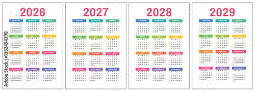 Calendar 2026, 2027, 2028 and 2029. Colorful vector pocket calender design. Week starts on Sunday. January, February, March, April, May, June, July, August, September, October, November, December