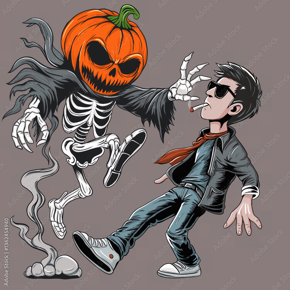 Fototapeta premium Cartoon Jack O'lantern Skeleton Chasing Man Smoking Cigarette Illustration