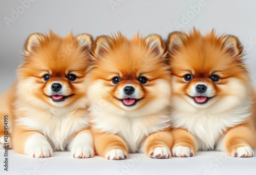 Three fluffy Pomeranian puppies, smiling, lying down together, cute, furry photo