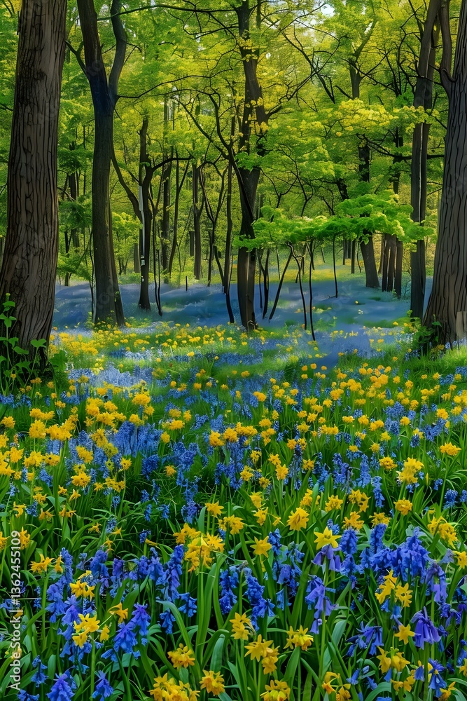 Fototapeta premium Vibrant spring forest landscape with blooming yellow daffodils and blue hyacinths creating a colorful carpet under tall trees with fresh green foliage. Magical woodland scene.