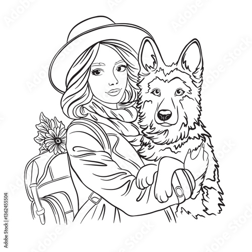 Beautiful vector illustration of a girl gently hugging a German Shepherd puppy dog. Outline, line art, monochrome, colorless, coloring