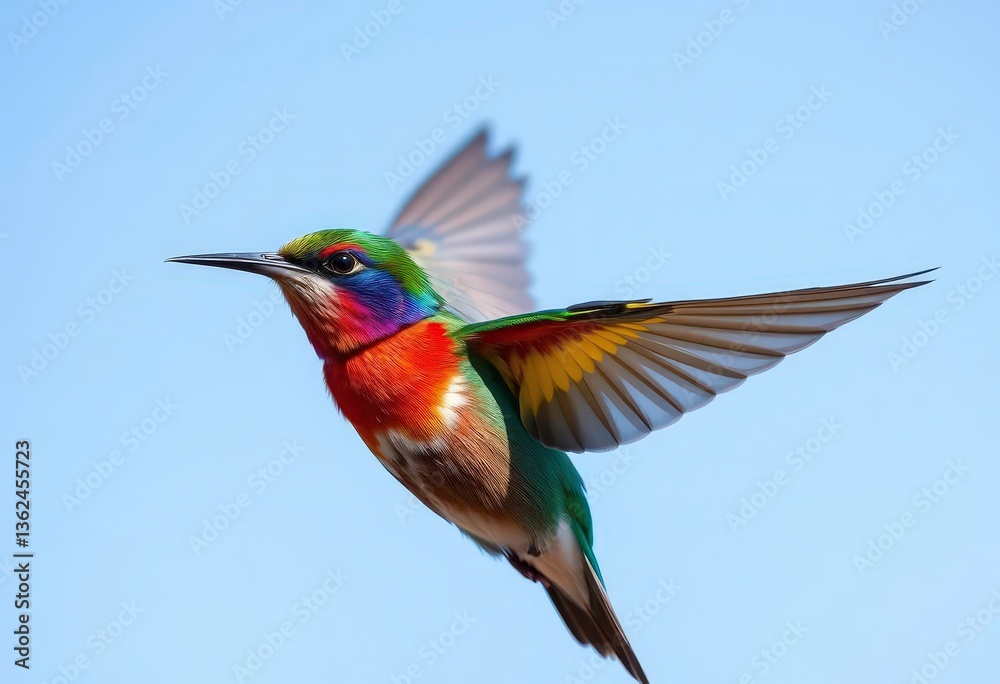 Obraz premium Tiny rainbow-hued bird, wings outstretched in flight against a clear sky, wildlife, flying