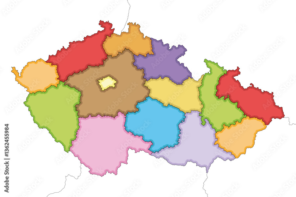 Naklejka premium Vector illustrated blank map of Czechia or Czech Republic with regions and administrative divisions, and neighbouring countries and territories. Editable and clearly labeled layers.