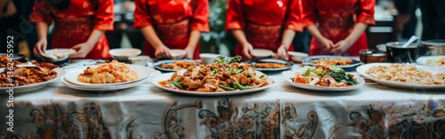 Chinese New Year Celebration with Delicious Traditional Feast at the Dining Table photo