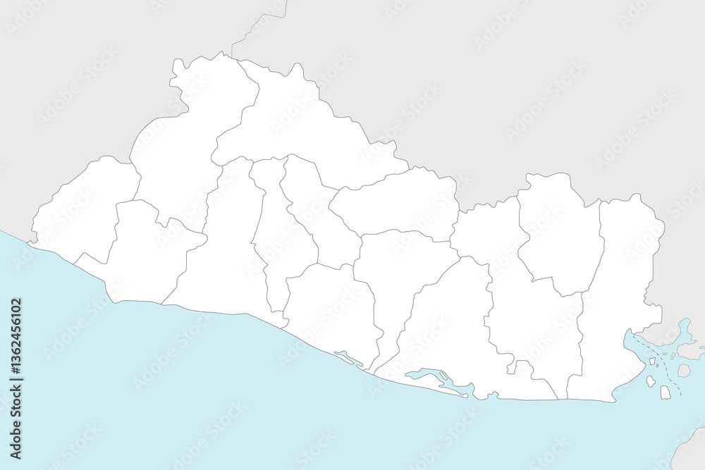 Vector regional blank map of El Salvador with departments and administrative divisions, and neighbouring countries and territories. Editable and clearly labeled layers. Vector regional blank map of El Salvador with departments and administrative divisions, and neighbouring countries and territories. Editable and clearly labeled layers.