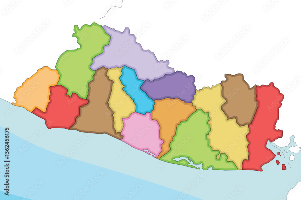 Fototapeta Vector illustrated regional blank map of El Salvador with departments and administrative divisions, and neighbouring countries and territories. Editable and clearly labeled layers.