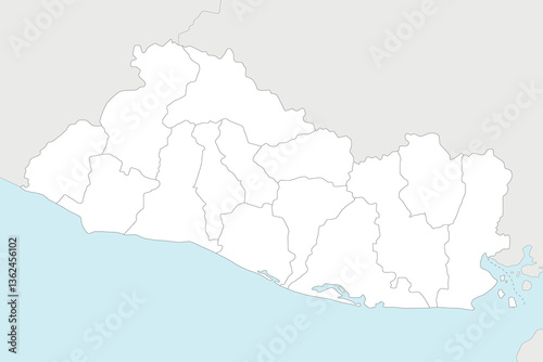 Vector regional blank map of El Salvador with departments and administrative divisions, and neighbouring countries and territories. Editable and clearly labeled layers.