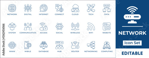 Network line icon set featuring connectivity, global networking, data transfer, internet communication, cloud computing, LAN, cybersecurity, server connections, and digital infrastructure.