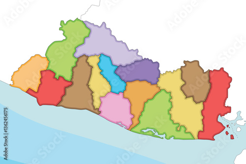 Vector illustrated regional blank map of El Salvador with departments and administrative divisions, and neighbouring countries and territories. Editable and clearly labeled layers.