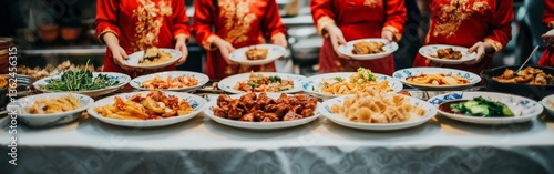 Chinese New Year Celebration with Delicious Traditional Feast at the Dining Table photo