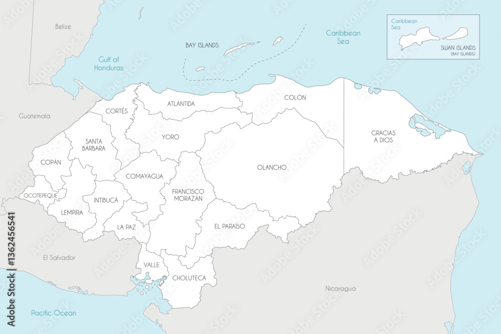 Obraz premium Vector regional map of Honduras with departments and administrative divisions, and neighbouring countries and territories. Editable and clearly labeled layers.