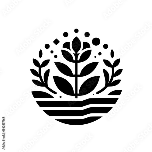 Minimalist Black and White Illustration: A stylized plant motif with symmetrical leaves, a central flower, and an enclosed landscape of horizontal stripes, evoking nature.