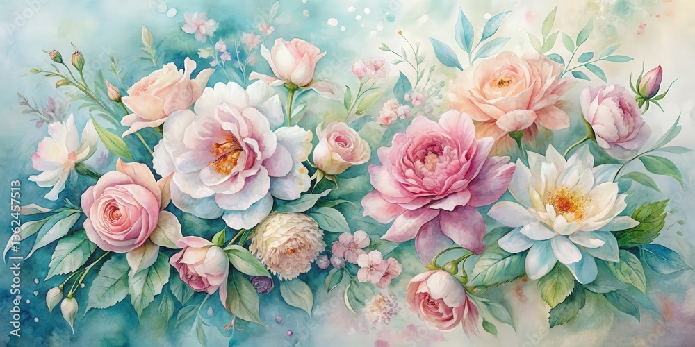 Fototapeta A Watercolor Painting of Delicate Pink and White Flowers with Lush Green Foliage on a Soft Blue Background