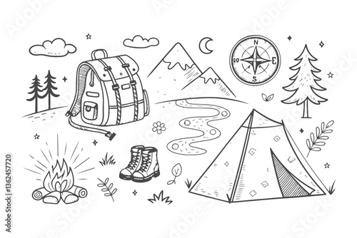Hand Drawn Doodle Set of Adventure Travel Icons: Playful Sketches of Mountain, Backpack, Boots, Compass, Map, Tent, and Campfire in a Minimalist, Fun, and Explorative Style.