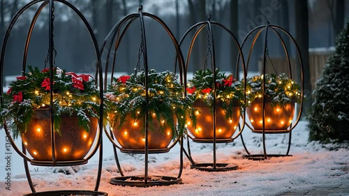 Winter garden scene with hanging planters illuminated by fairy lights