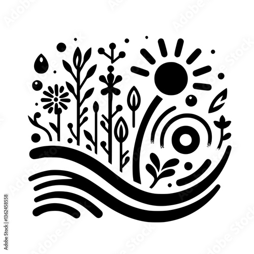 Stylized Black & White Illustration: A whimsical garden scene with a sun, stylized flowers, plants, and flowing water elements, rendered in bold lines.