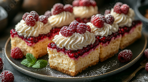 Wallpaper Mural Delicious raspberry cakes on plate, topped with cream and fresh fruit Torontodigital.ca
