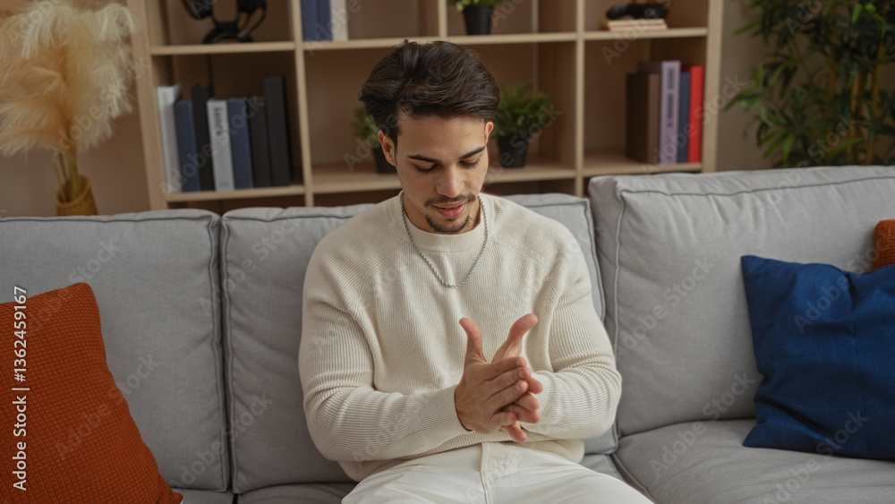 Fototapeta premium Young hispanic man with hands together sits on a cozy sofa in a stylish living room interior, surrounded by modern decor and neutral tones, conveying a relaxed home atmosphere.