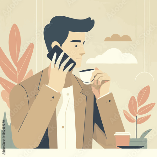 Thoughtful man drinking coffee while talking on phone in cafe  