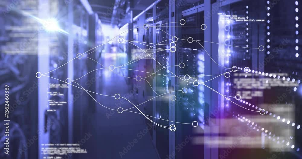 Network of connections and data processing animation over server room background Network of connections and data processing animation over server room background
