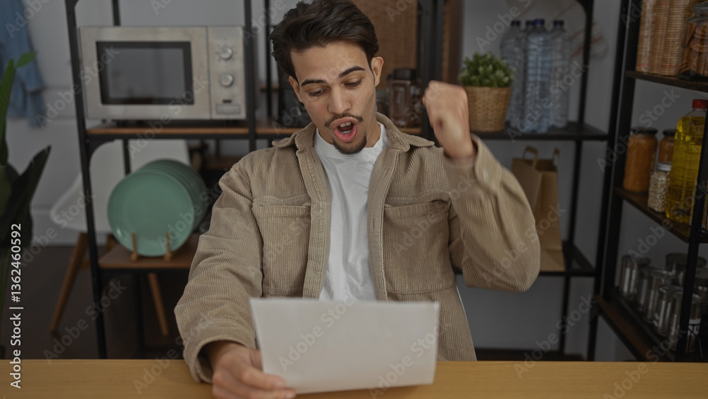 Fototapeta premium Young man celebrating success in an office setting with documents in hand, shelves stocked with items in the background, conveying a sense of achievement and motivation.