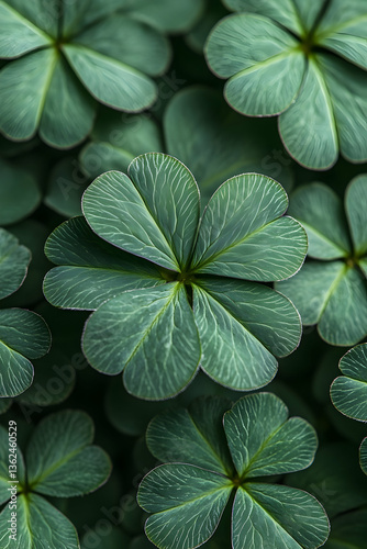 Detailed texture on green four-leaf clover leaves, overhead view