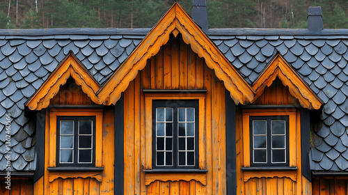 Detailed roof with three windows and wood trim