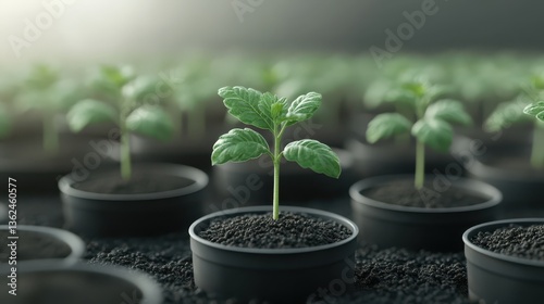 Row of small plants and young trees growing in large plots from a side view perspective
