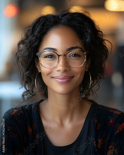 Curly haired woman wearing glasses smiles warmly, with patterned top