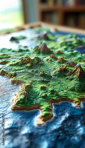 Detailed topographic map with green land and ocean