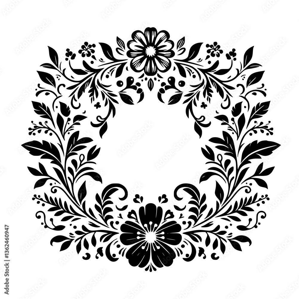 Fototapeta premium Elegant Black and White Floral Square Wreath with Detailed Foliage and Flowers, Forming a Circle for Text, a Vintage-inspired Graphic.