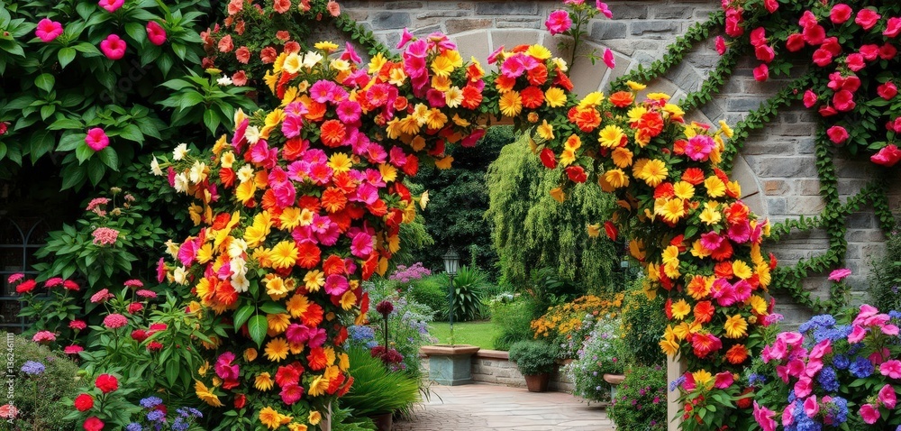 Obraz premium Vibrant flowers overflowing a charming stone archway in a lush garden, romantic, shadow