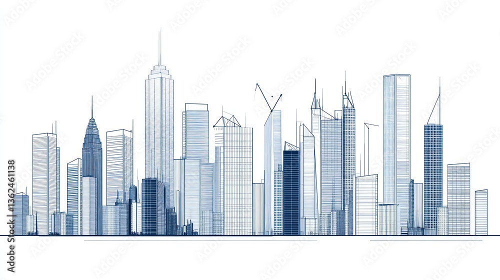 Obraz premium Blueprint City Skyline, architectural design, urban landscape, possible use for presentation
