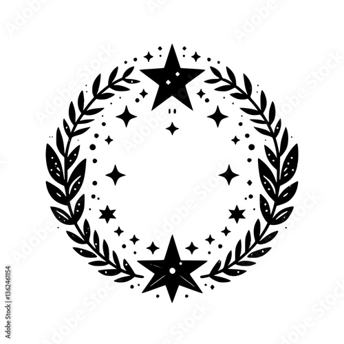 A symmetrical, black and white celestial wreath illustration. Two large stars anchor the top and bottom, encircled by leafy branches and scattered star-shaped elements, all set against a blank canvas.