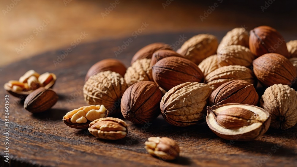 A variety of nuts displayed on a wooden surface, showcasing their natural textures. A variety of nuts displayed on a wooden surface, showcasing their natural textures.
