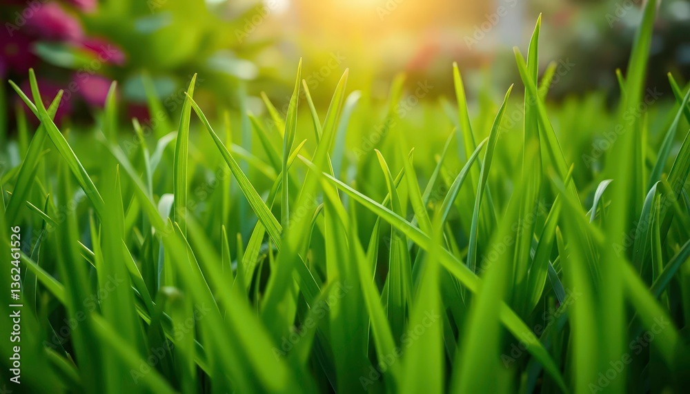 Obraz premium Vibrant green lawn, blades of grass close-up, garden background, spring, grass