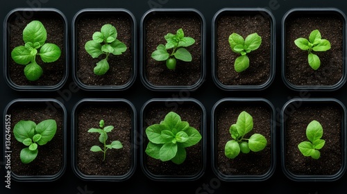 Group of small plants in black container and individual fruit plants in separate plots top view