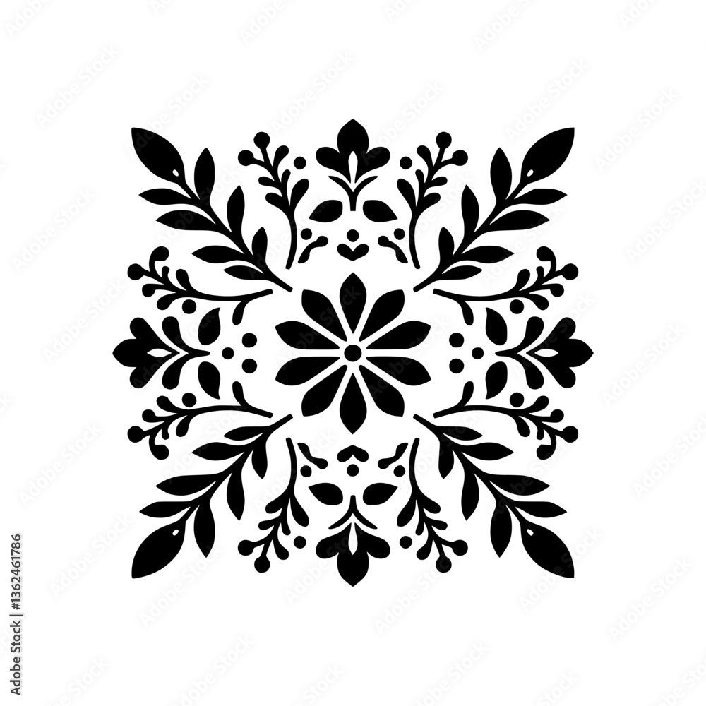 Symmetrical floral design, a black silhouette of a stylized flower and foliage, with a central bloom radiating outwards. Symmetrical floral design, a black silhouette of a stylized flower and foliage, with a central bloom radiating outwards.