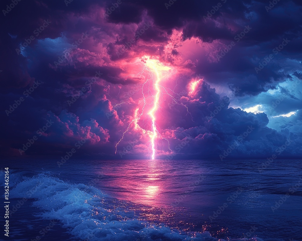 Obraz premium Dramatic lightning striking over a turbulent ocean at twilight, showcasing nature's power