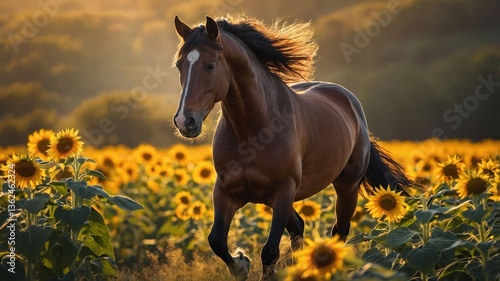 A horse gallops through a vibrant sunflower field at sunset, showcasing nature's beauty.