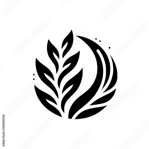 Elegant Black and White Vector Illustration: Abstract Leafy Crest, Minimalist Design with Organic Symmetry, on a Clean White Background.