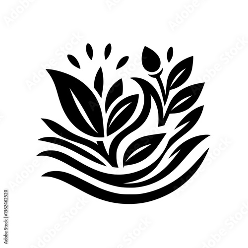 Stylized black and white nature-themed artwork featuring sprouting leaves and a bud, positioned above stylized water waves, evoking a sense of growth and balance.