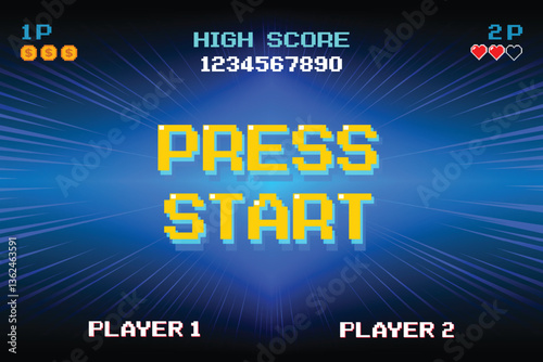 PRESS START INSERT A COIN TO CONTINUE .pixel art .8 bit game. retro game. for game assets .Retro Futurism Sci-Fi Background. glowing neon grid. and stars from vintage arcade computer games