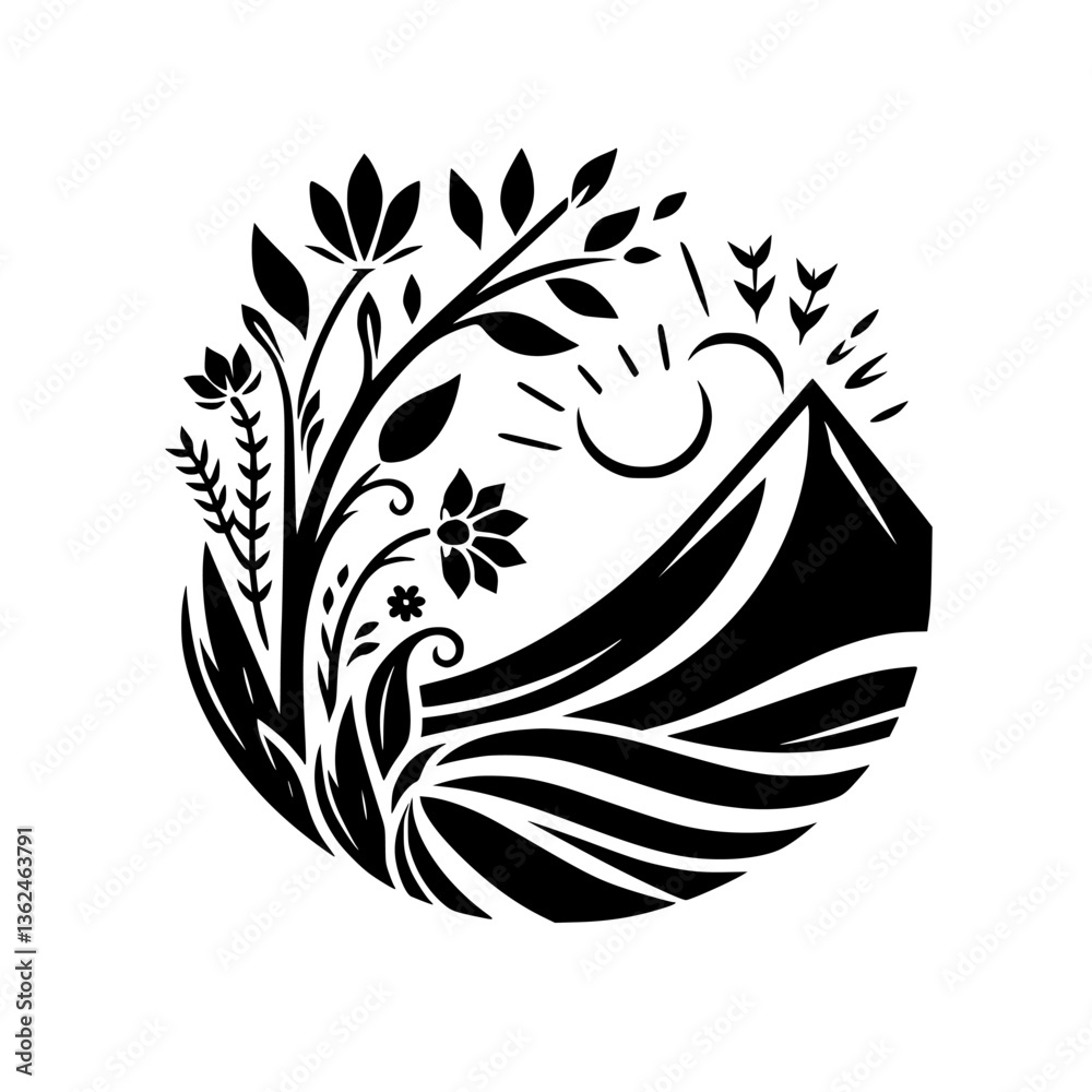 Fototapeta premium A minimalist black and white circular design showcasing a mountain peak bathed in sunshine, surrounded by floral and botanical elements.