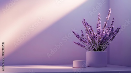 Lavender flowers in a white vase on a purple background